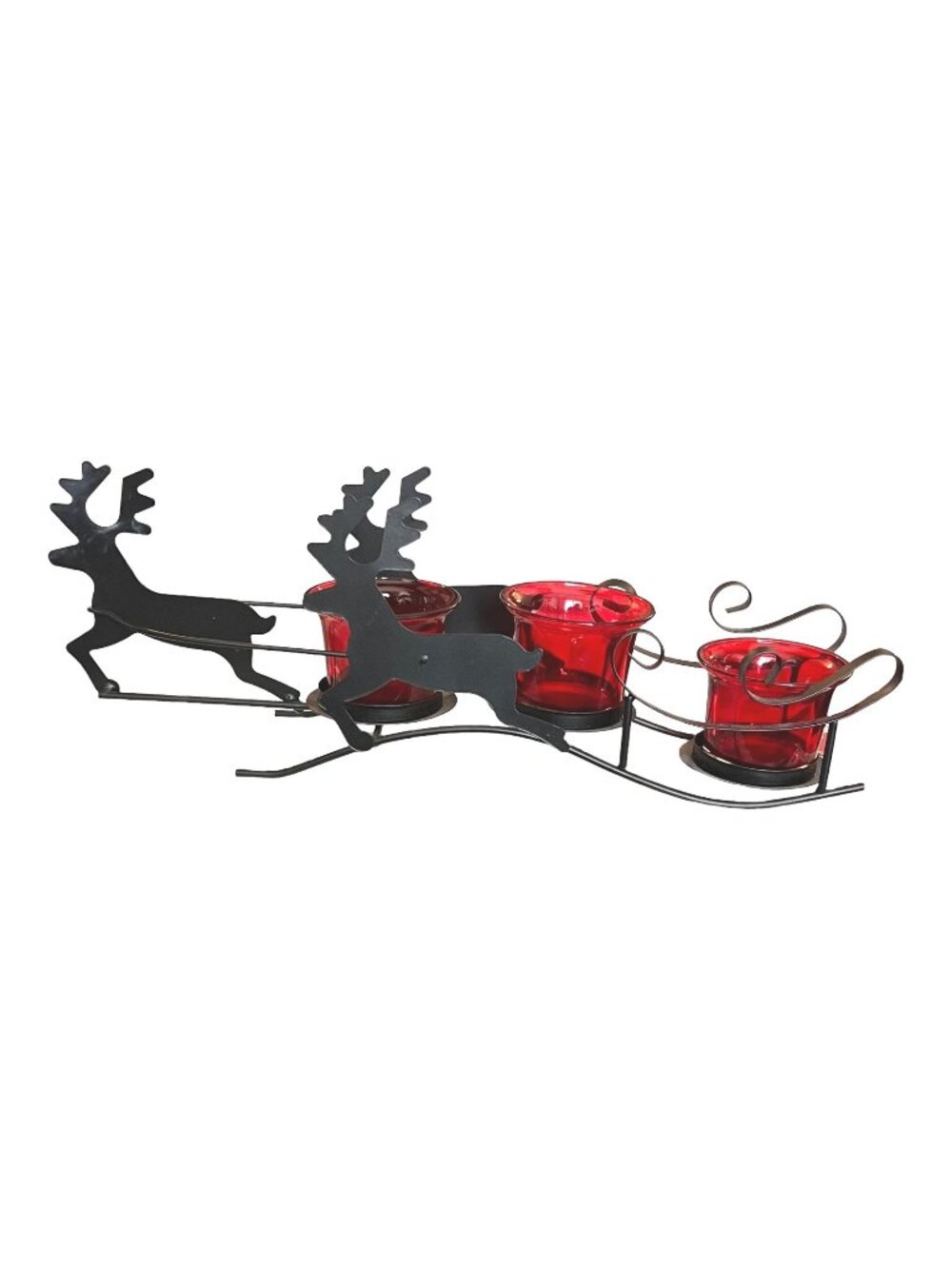 Metal Reindeer Sleigh Tea Light Candle Holder With 3 Red Glass Votives 13" X 5"